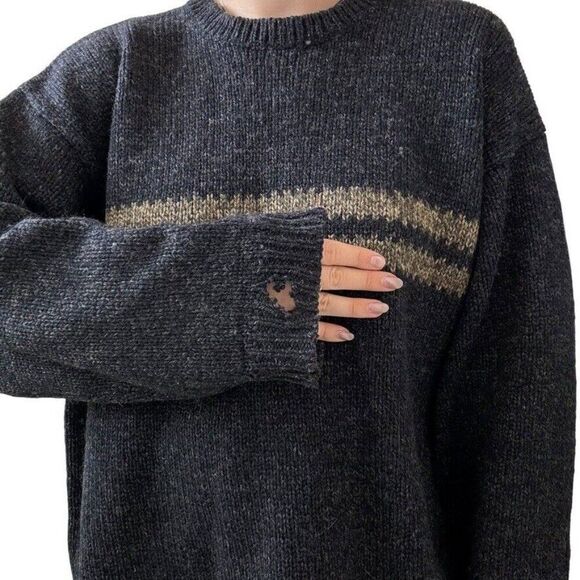 Vintage 1990s EMS Mens Wool Charcoal Gray Striped Chunky Distressed Sweater XL - Picture 10 of 10